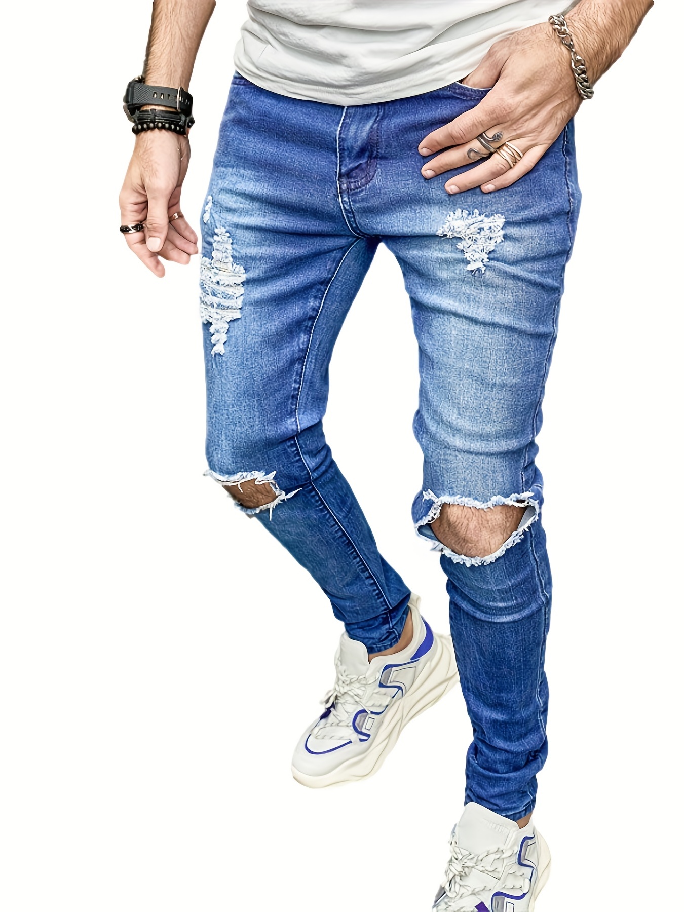 Men's Distressed Stretch Ripped Jeans Vintage Cotton Pants Straight Skinny  Fit Red Jeans - Temu