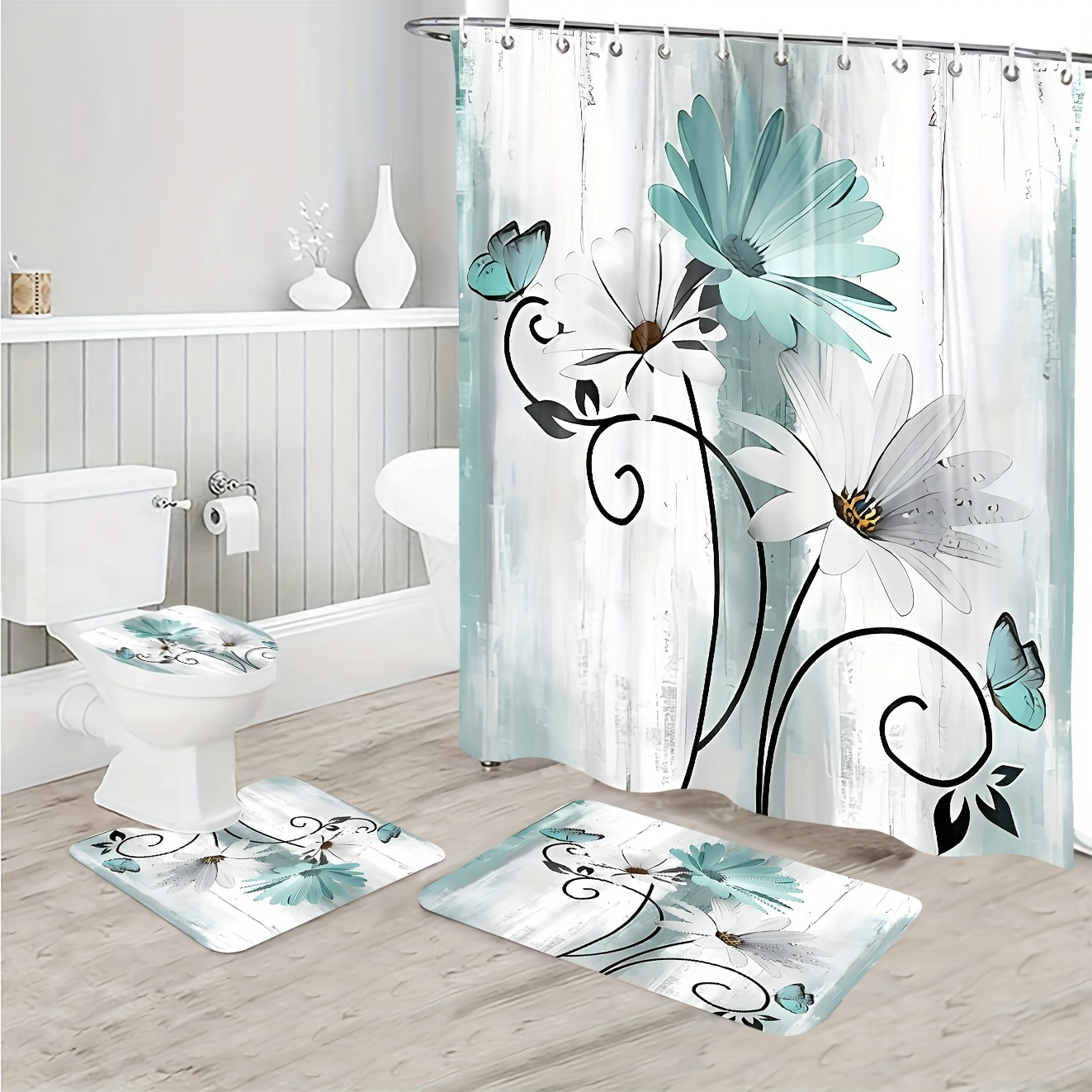 Floral Teal Shower Curtain Sets with 12 Hooks Shower Curtain