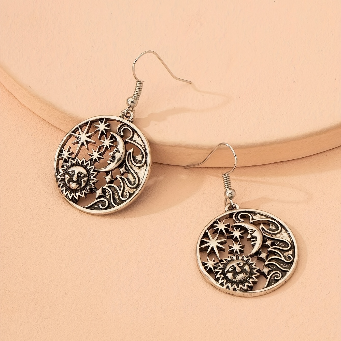 sun moon star design hollow round dangle earrings retro elegant style alloy jewelry exquisite female gift 1