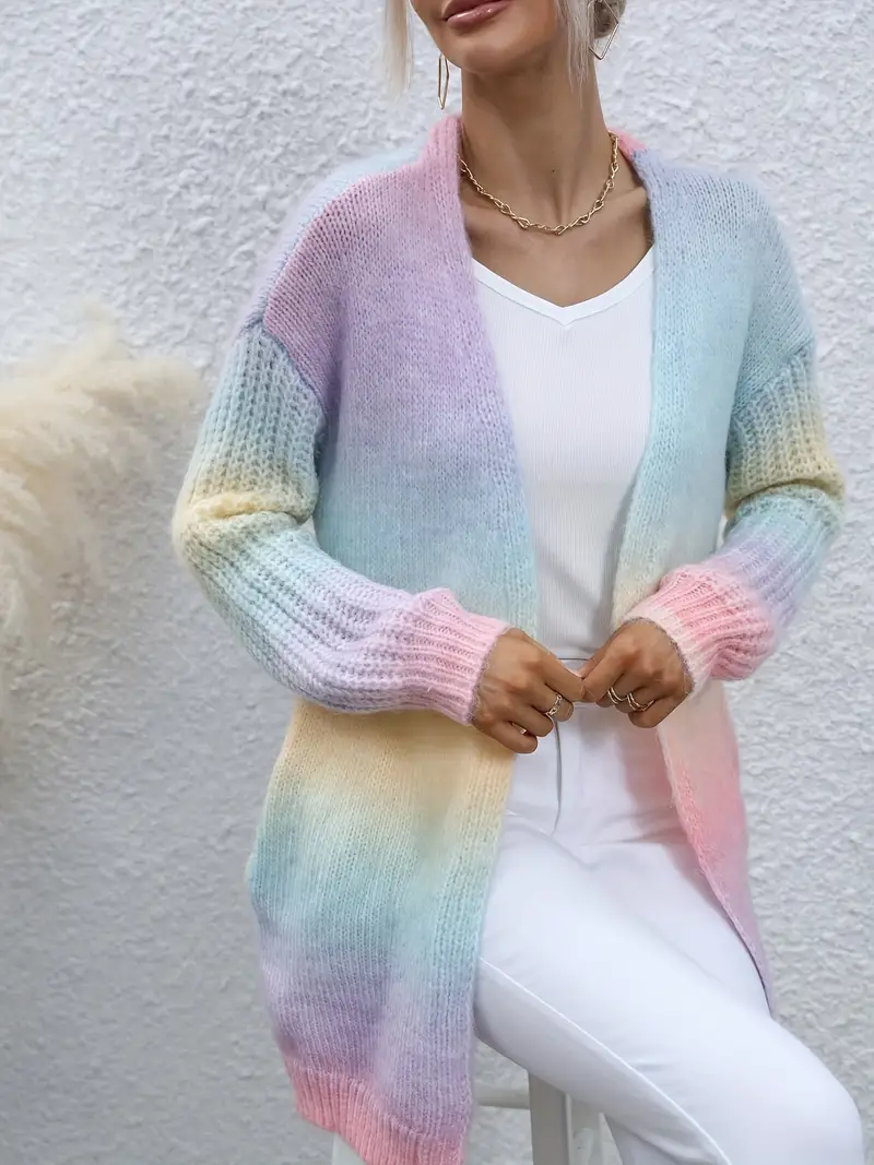 Colorful Gradient Knit Cardigan Casual Open Front Long - Temu