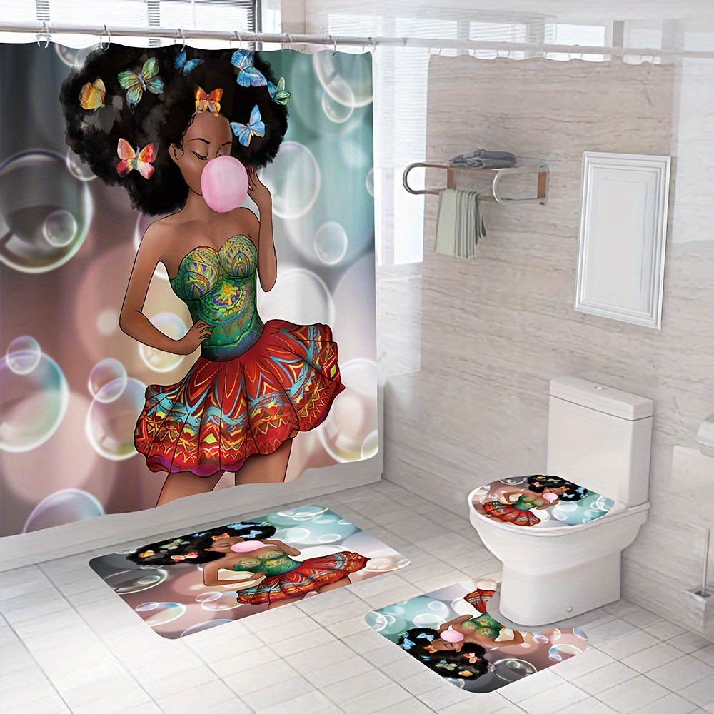 4pcs Bubble Blowing Girl Pattern Shower Curtain Set, Decorative Bathroom  Set, Water-resistant Curtain Including Hooks, Bathroom Rug, U-Shape Mat,  Toil