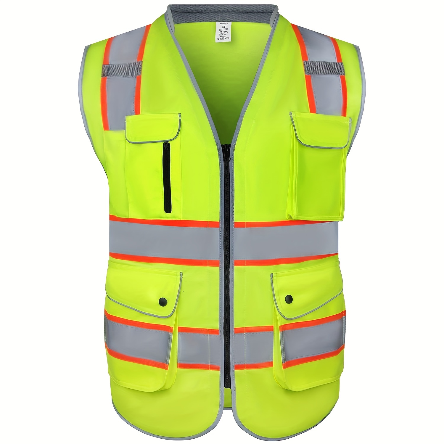 Amoolo High Reflective Safety Vest Class 2 With 9 Pockets And Zipper Front,  Yellow Color Triming Reflective Strip, Meet ANSI/ISEA 107 Standards