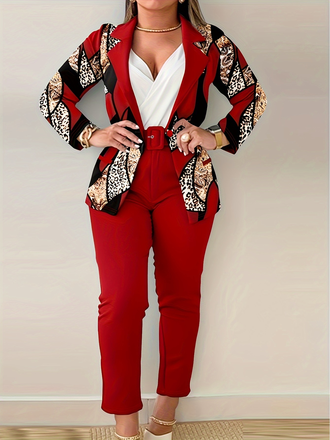 Conjunto Traje Elegante Talla Grande Blazer Cinturón - Temu