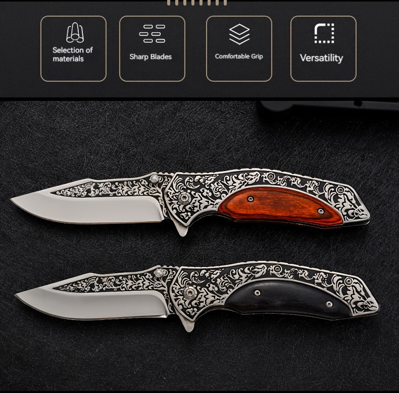 outdoor knife wooden handle embossed steel carving knife high hardness folding knife camping collection gift folding knife details 1