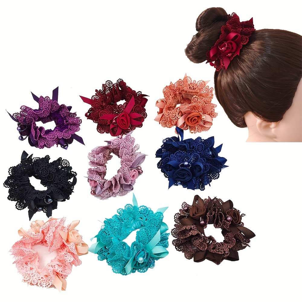 

Vintage Lace Scrunchies Flower Beads Decor Hair Tie Elegant Hair Rope Ponytail Holder Hair Ring Elegant Hair Accessories For Women