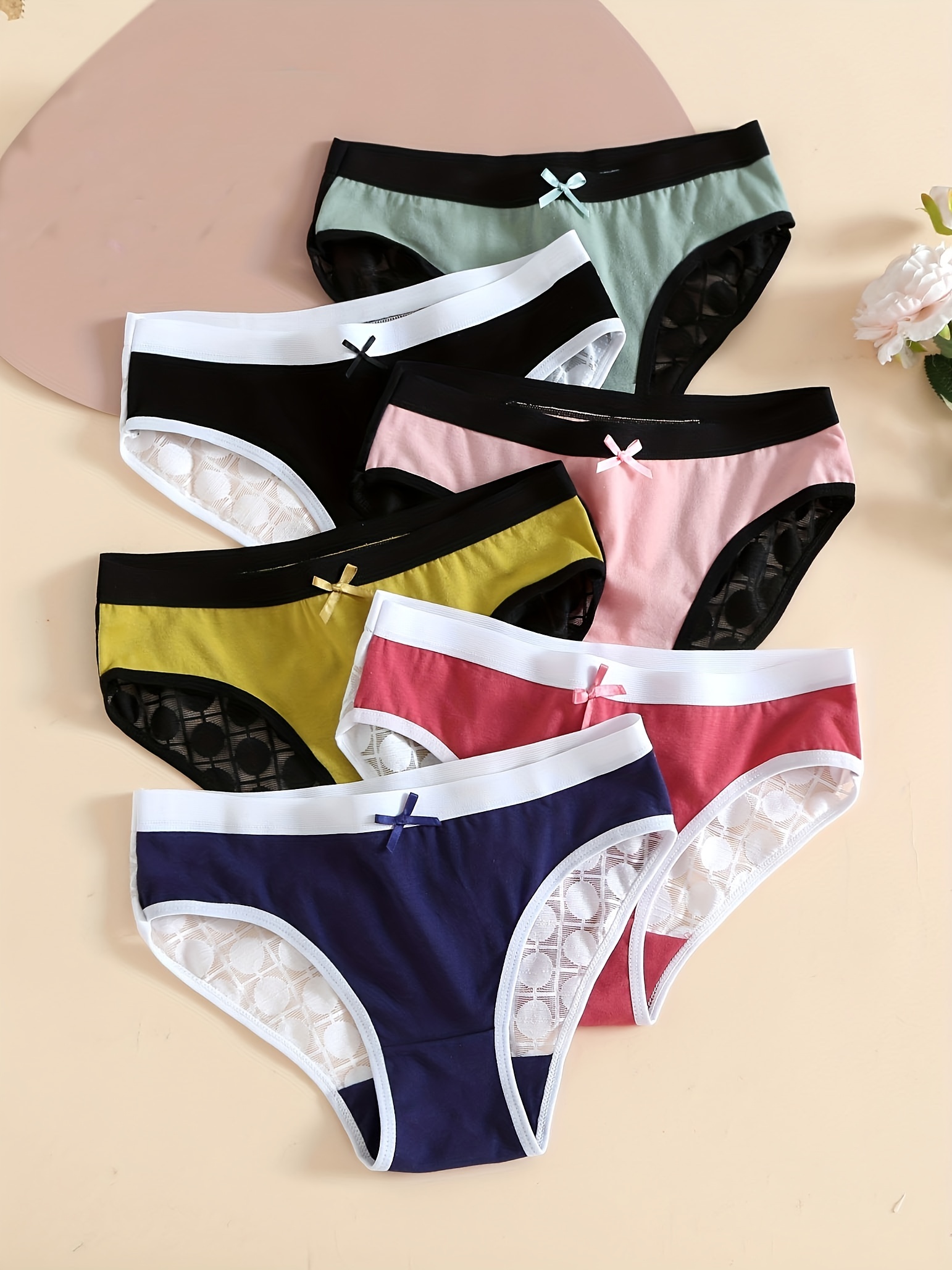 6pcs Lace Trim Bow Tie Briefs, Comfy & Breathable Stretchy Intimates  Panties, Women's Lingerie & Underwear