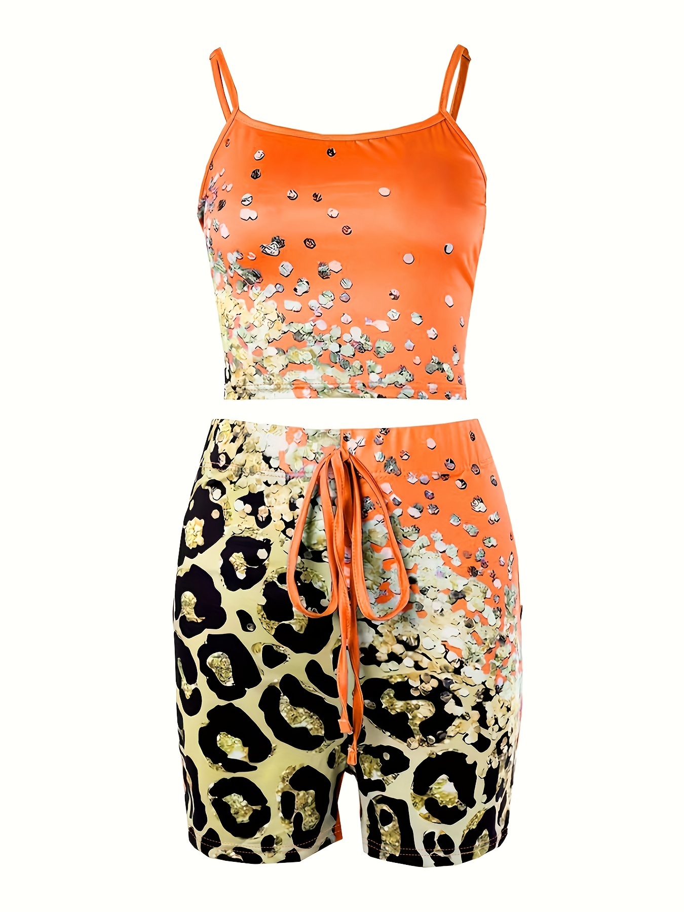 Leopard Print 3-Piece Set: Crop Tank Top, Long Vest & Drawstring Shorts