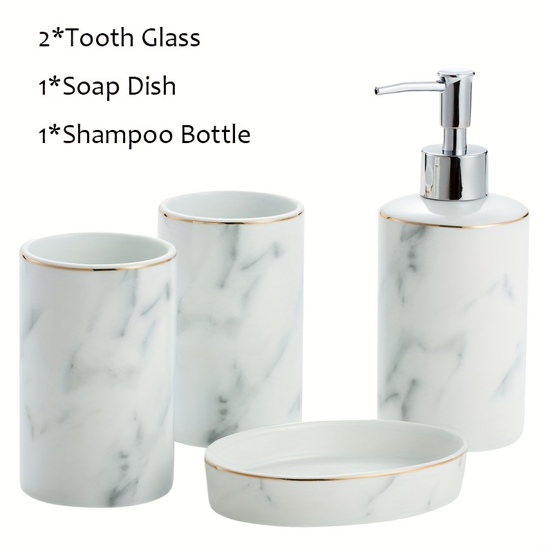 4 Piece Gray Embossed White Floral Pattern Bathroom Accessory Set with Soap  Dish, Tumbler, Toothbrush Holder and Pump Dispenser