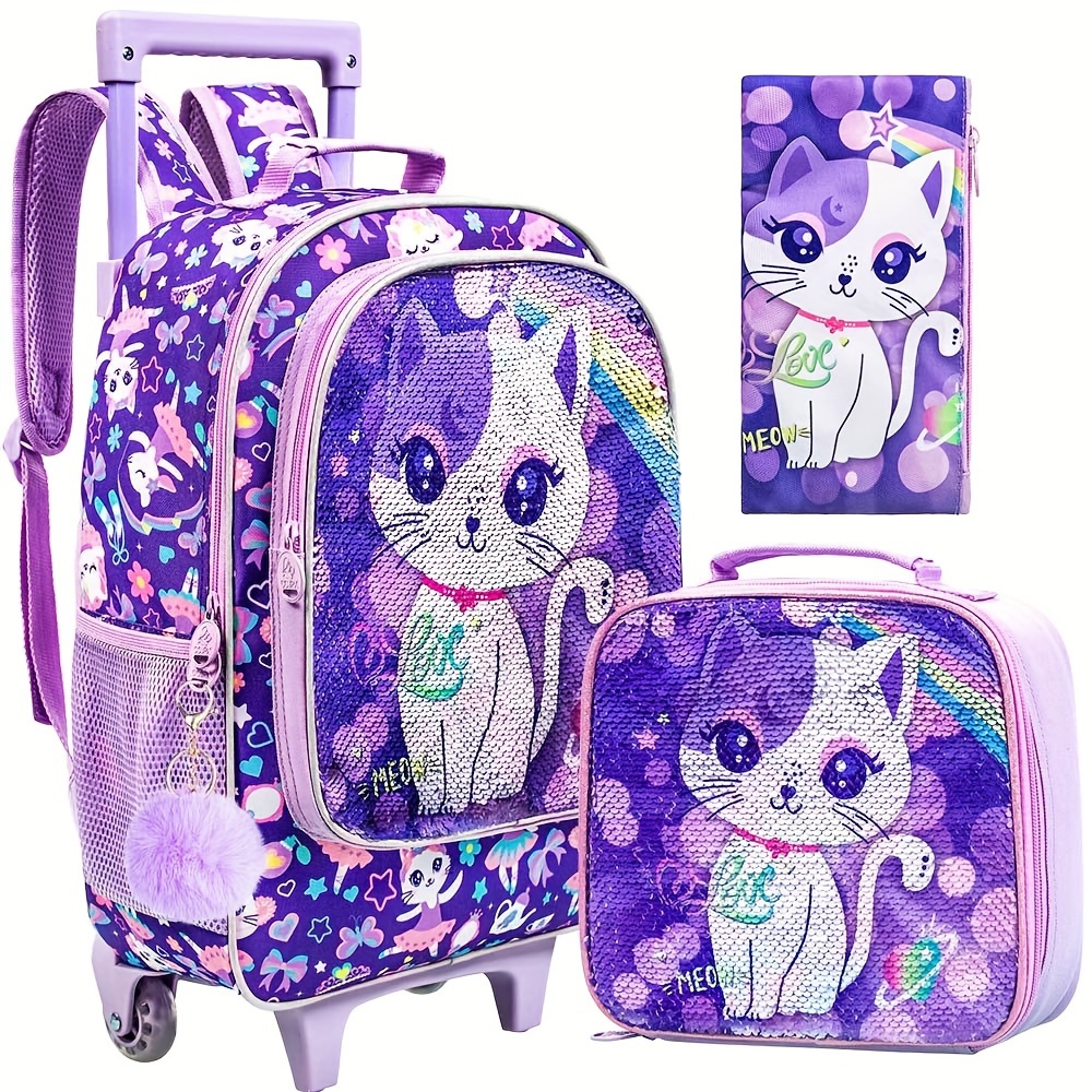 3pcs girls rolling backpack kids roller wheeled school bag with lunch bag glow in the dark backpack
