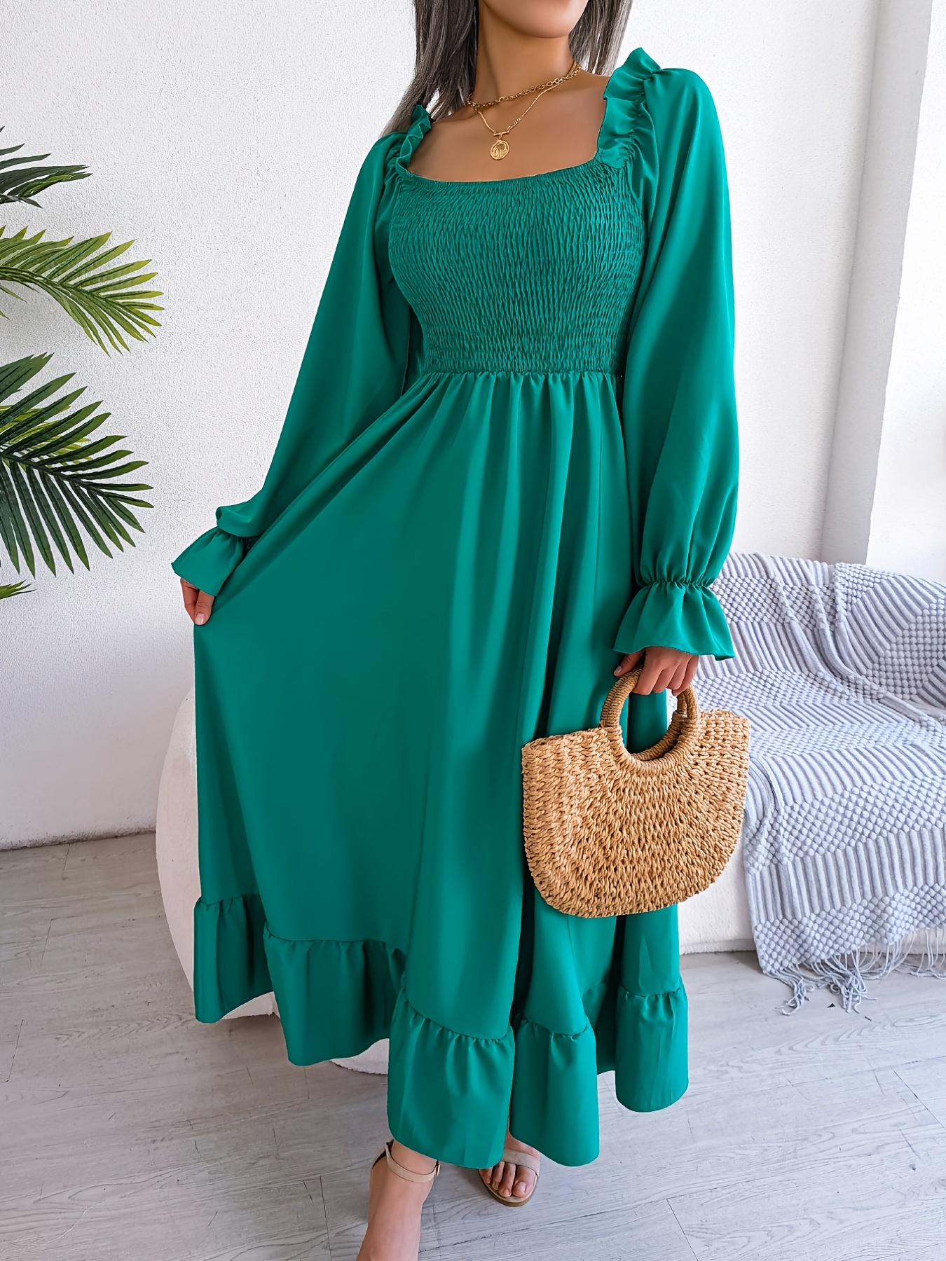 Ruffle Trim Solid Dress Elegant Shirred Long Sleeve Maxi - Temu