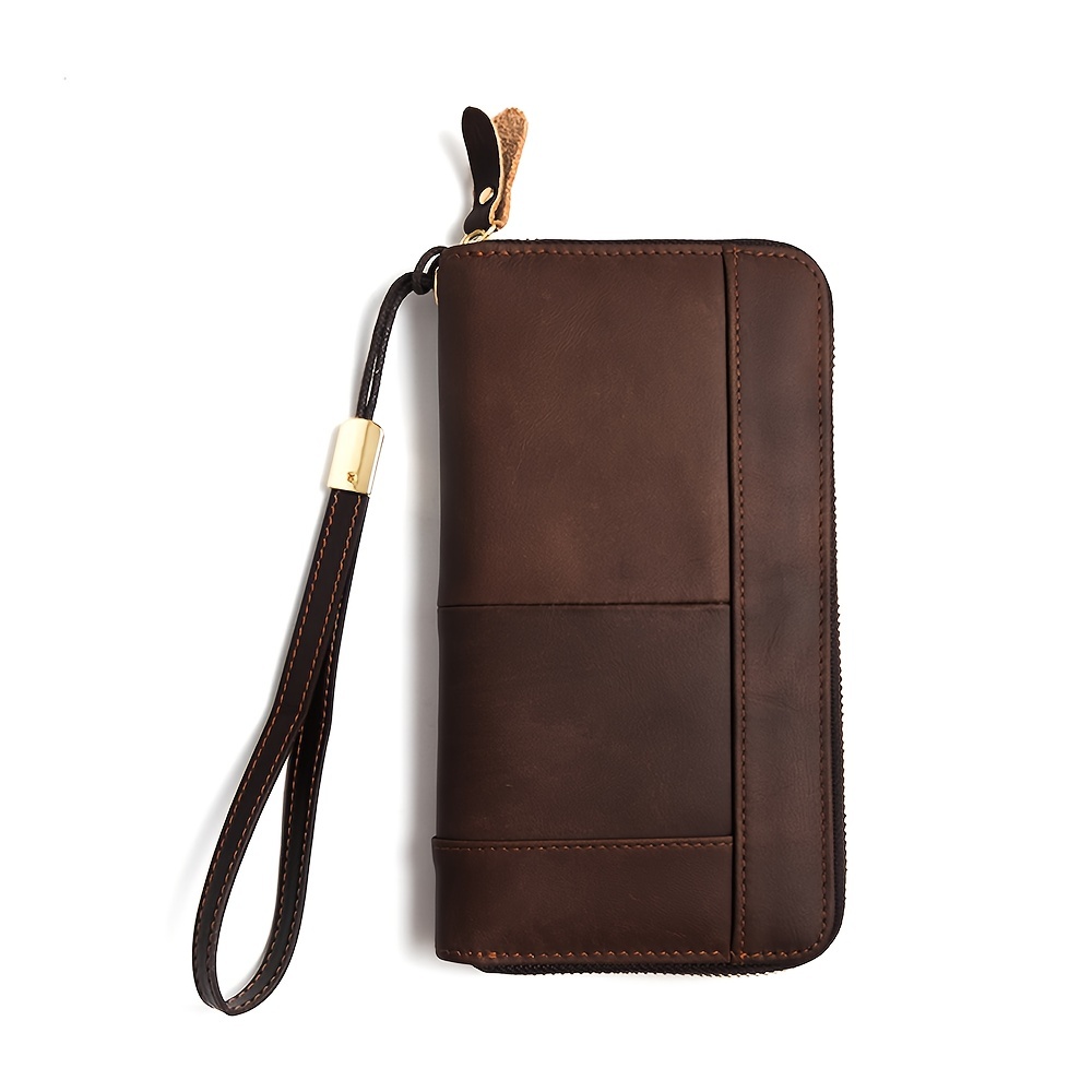Men Leather Wallet Zip Around Long Wallet Card Holder Clutch with Wristlet  Strap