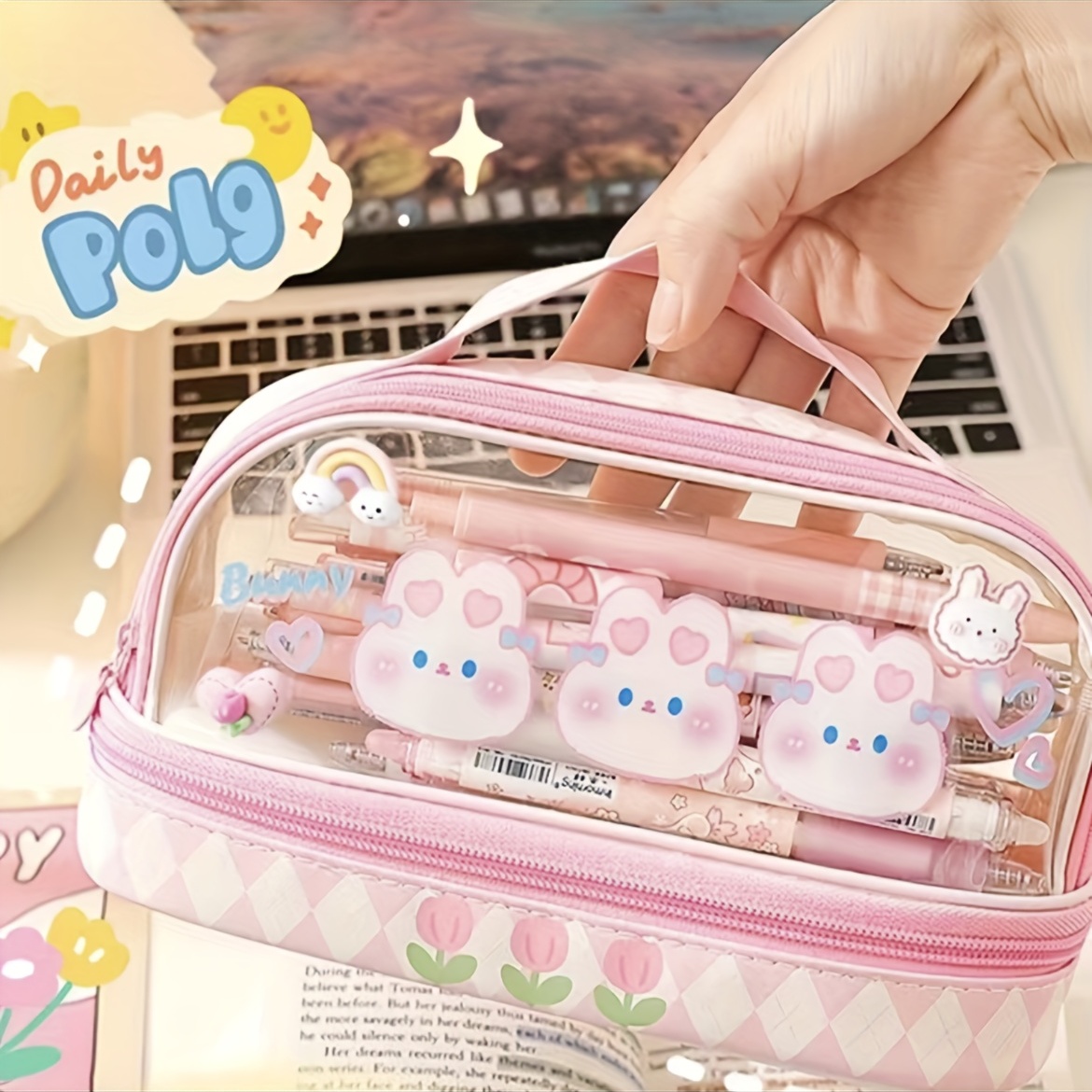 Trousse à crayons Kawaii Portable transparente avec pendentif en