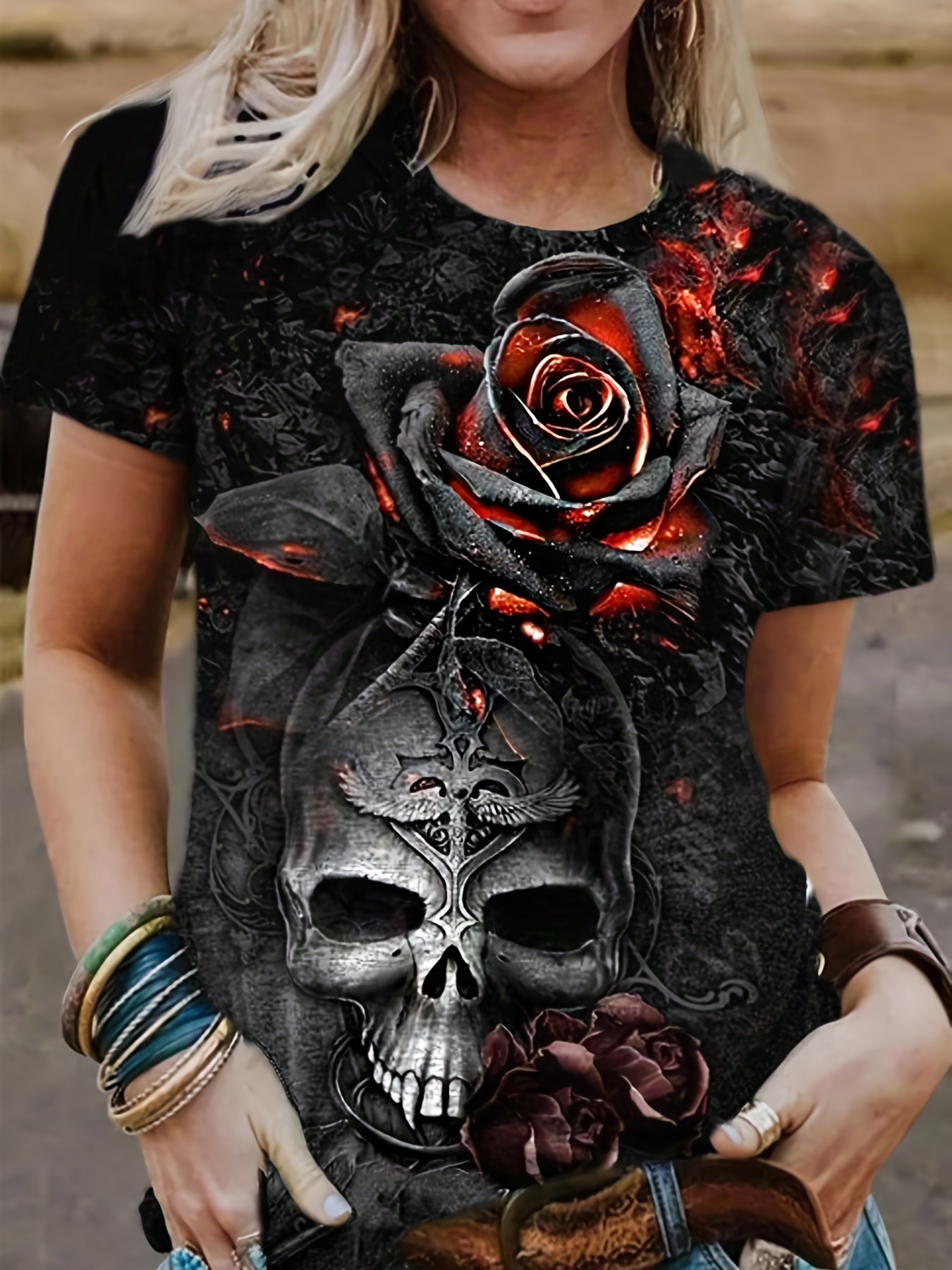 Plus Size Goth T shirt Women's Plus Skull Rose Print Short - Temu