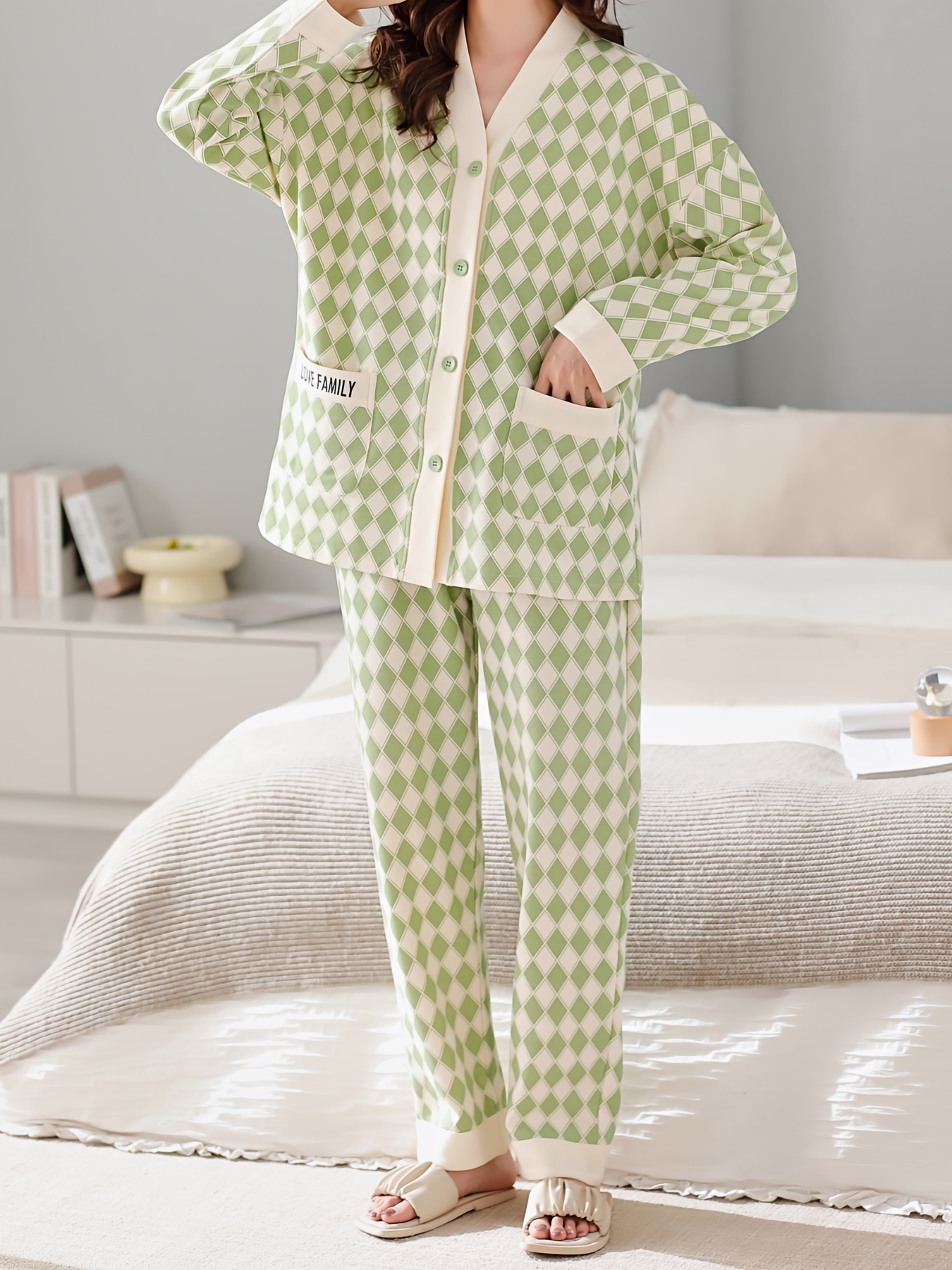 Plus Size Letter Print Long Sleeve Top Pants Pajama Set - Temu