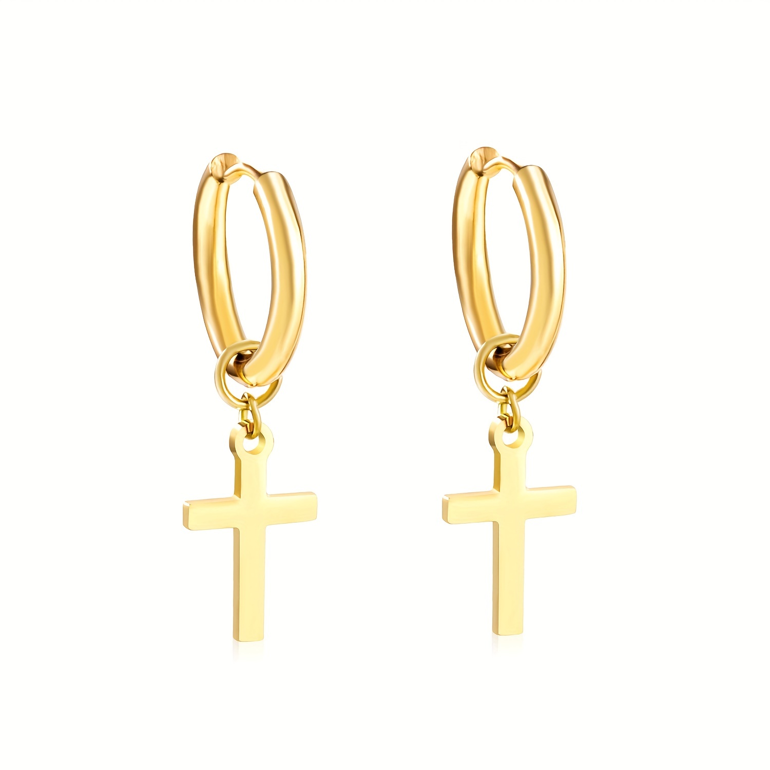 Golden Glossy Cross Decor Hoop Earrings, 18K Plated