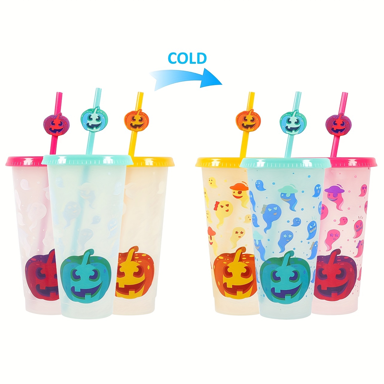 Plastic Tumblers with Lids and Straws for Kids & Adults- 7 Reusable Bulk  Cold Cups, 12oz Color Changing Cups Iced Travel Coffee Cup,Smoothie Cups