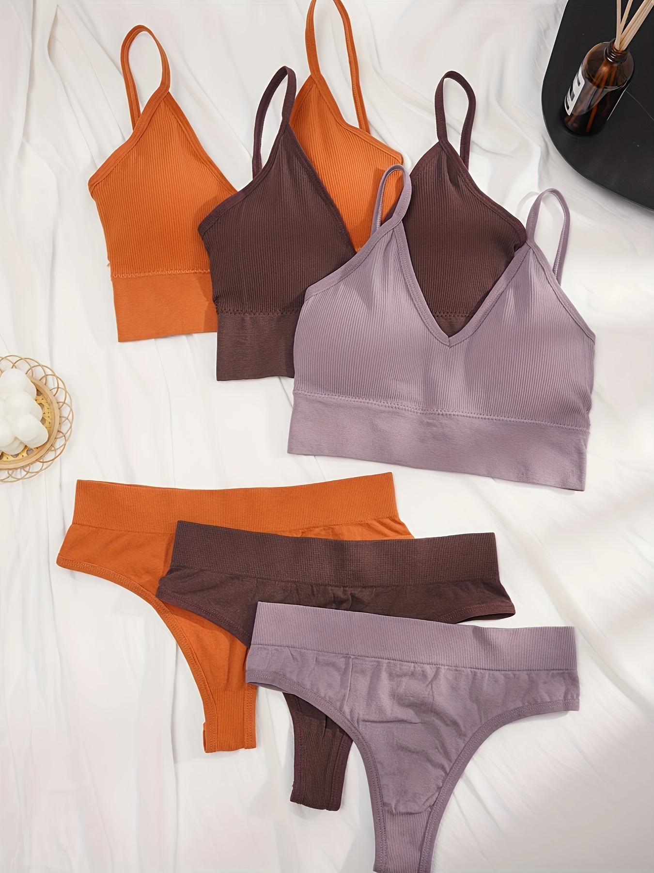 3 Sets Solid Ribbed Bra & Panties, Stretch Wireless Bra & Thong Panties  Lingerie Set, Women's Lingerie & Underwear
