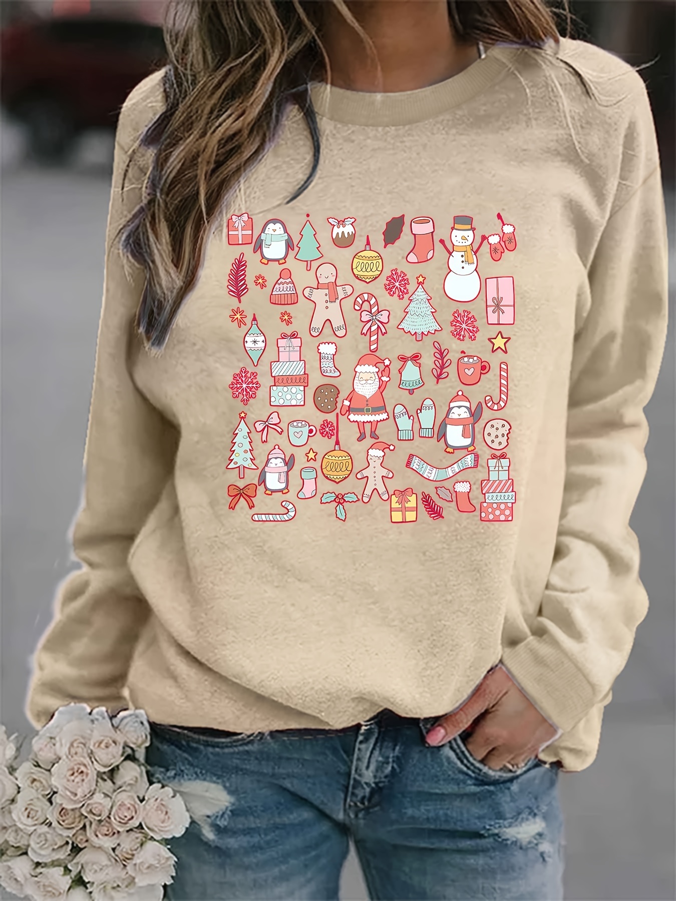 Christmas Print Sweatshirt Casual Long Sleeve Crew Neck - Temu Australia