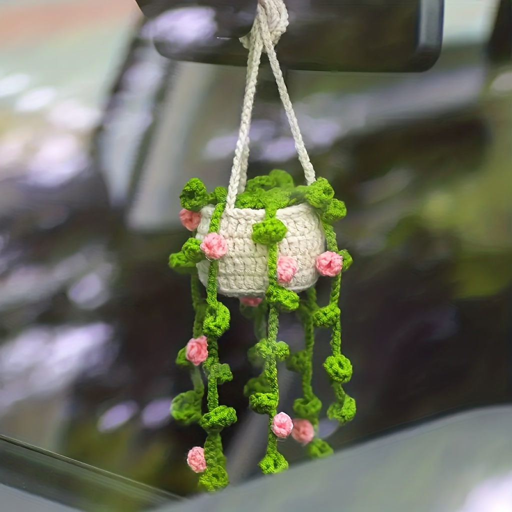 Cute Plant Crochet Rearview Mirror Accessories Pure Handmade - Temu