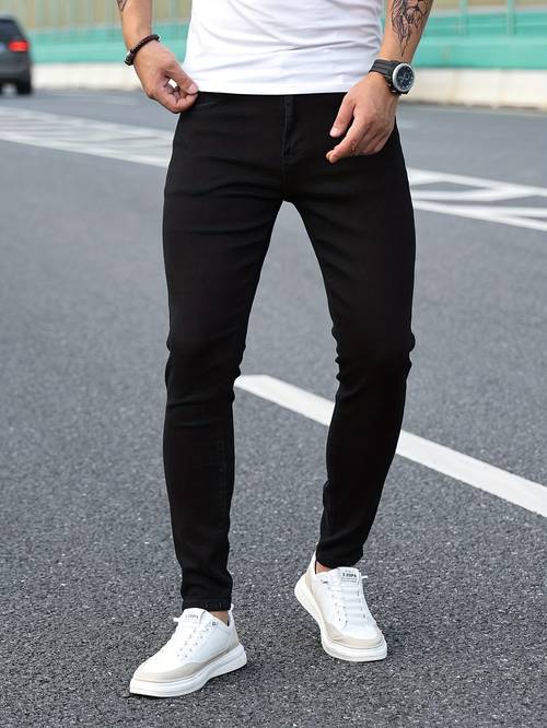 Шикарные джинсы скинни, мужские повседневные брюки из эластичного денима с потертостями в уличном стиле