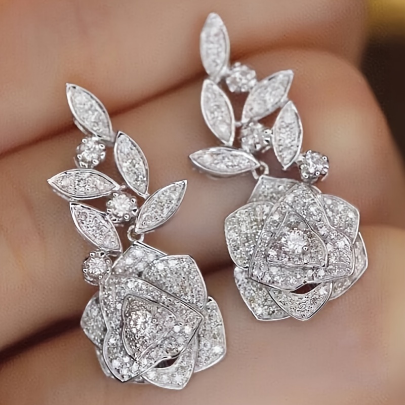 

Exquisite Rose Leaf Design Shiny Zircon Inlaid Dangle Earrings Elegant Luxury Style Delicate Female Ear Ornaments