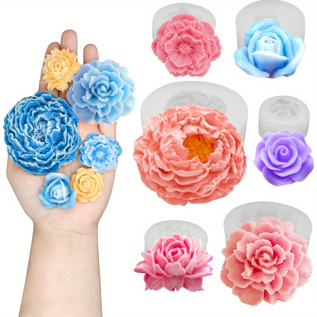 

6pcs Flower Candle Making Silicone Mold Set, 3d Blooming Rose Peony Fondant Chocolate Cake Baking Mold, Epoxy Resin Casting Silicone Mold Polymer Clay Craft Gift