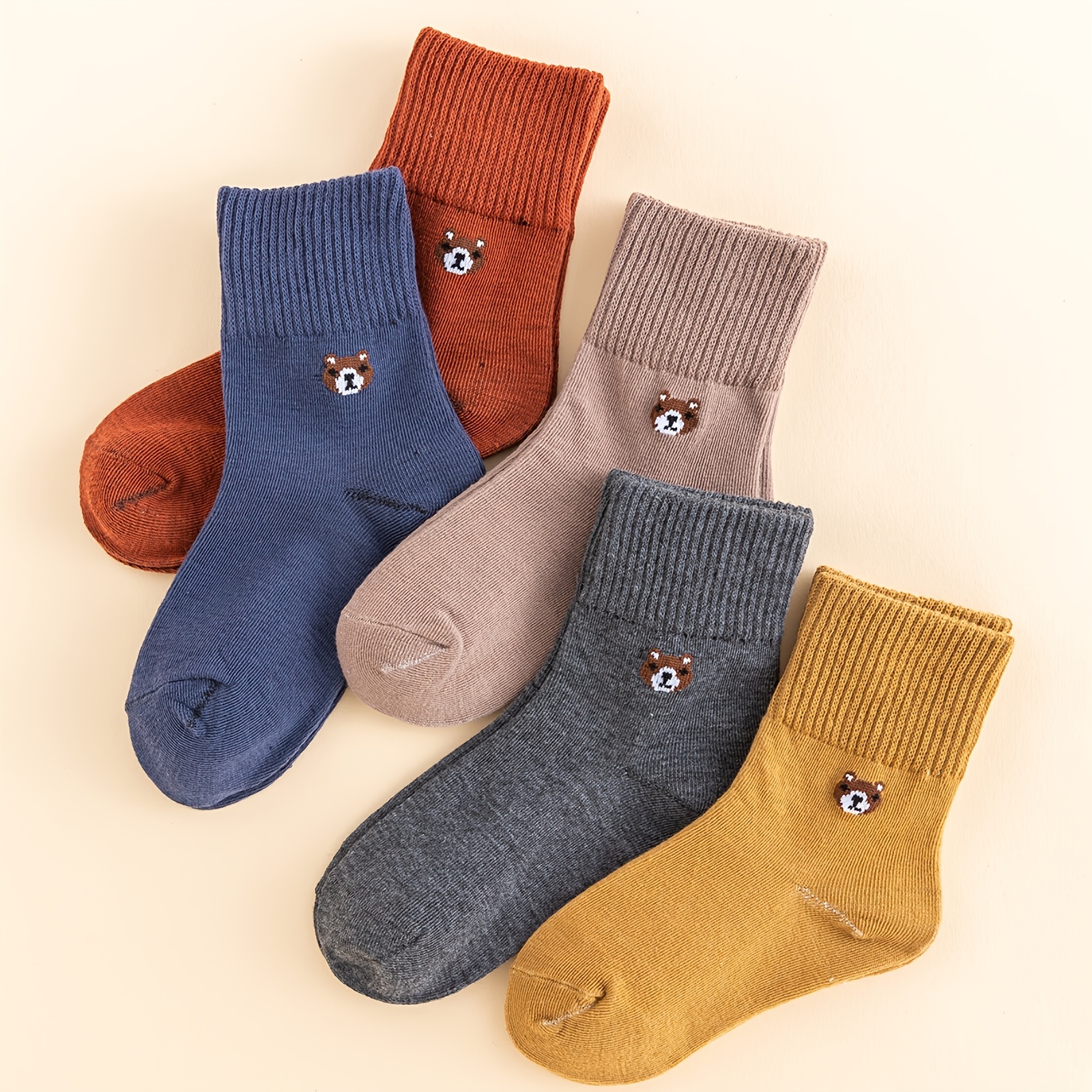 5 Pairs Solid Bear Cotton Socks for Autumn Winter