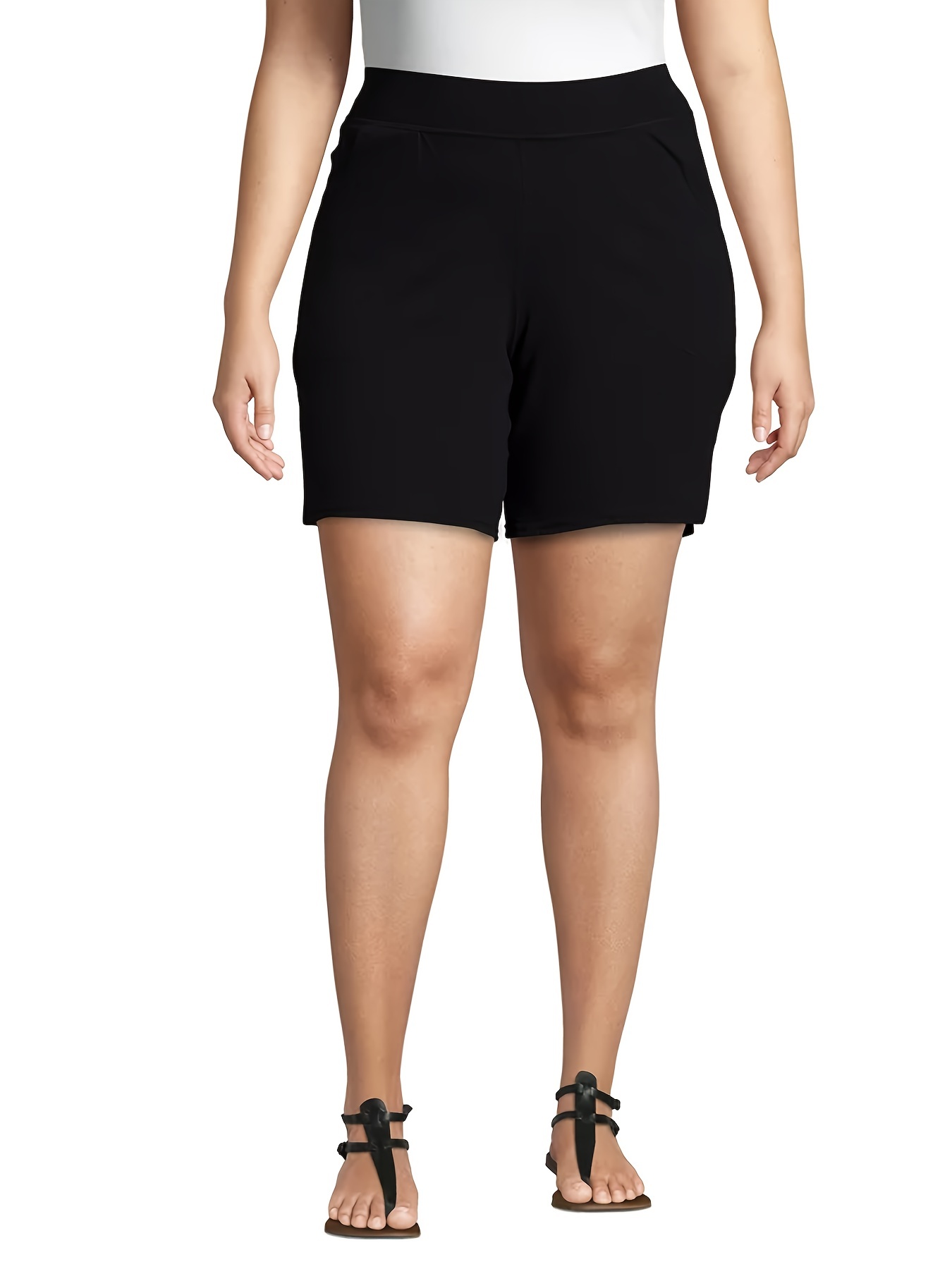 Plus Size Sporty Shorts, Women's Plus Solid High Rise High Stretch Shorts  With Pockets