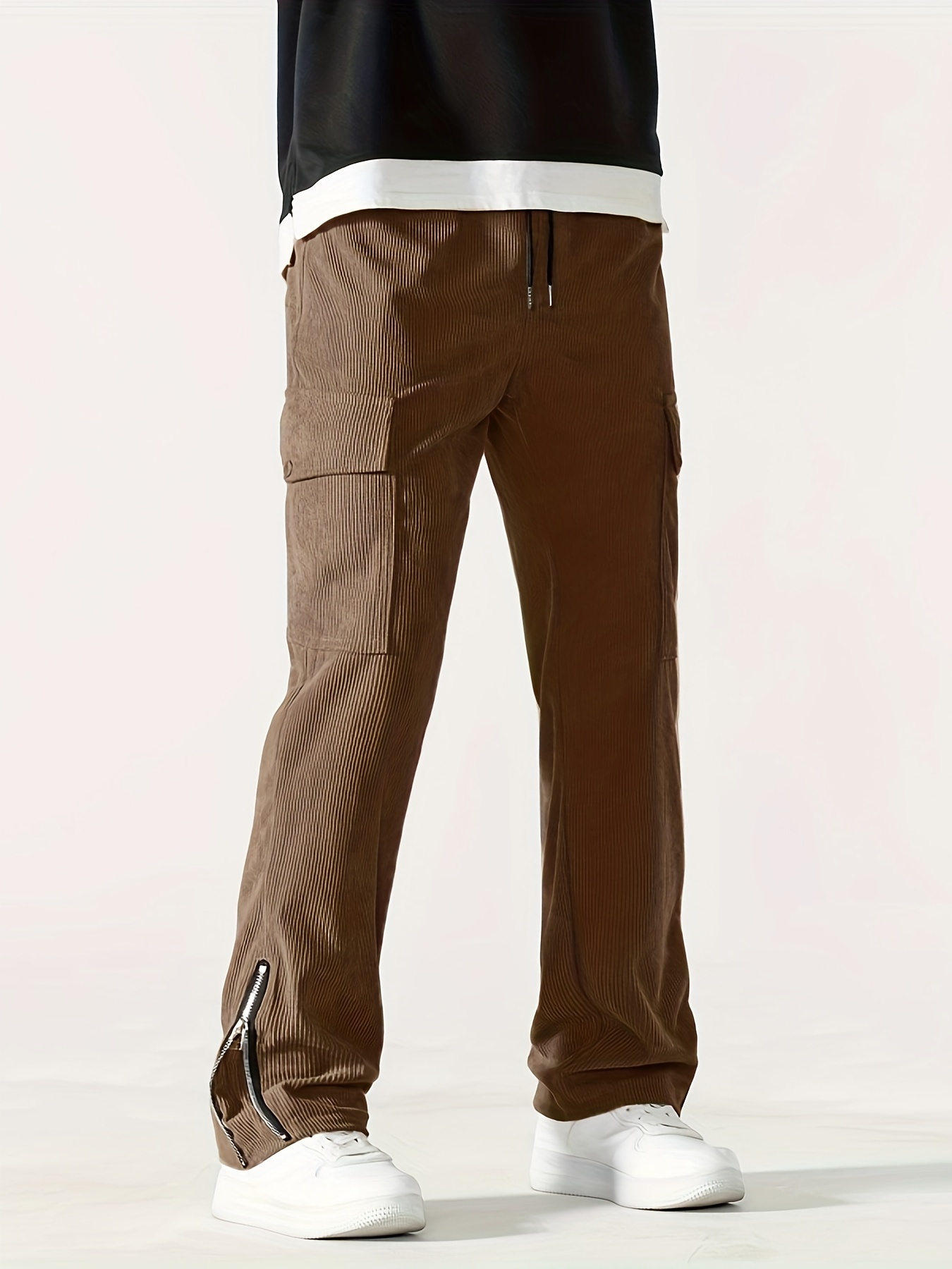 Zipper Design Men's Corduroy Cargo Pants Flap Pockets Comfy - Temu