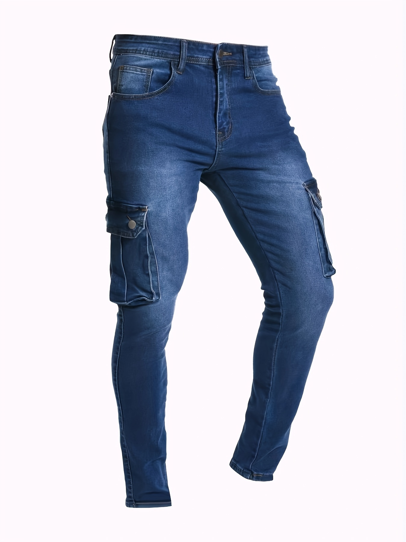 Slim Fit Multi Pocket Jeans Men's Casual Street Style High - Temu