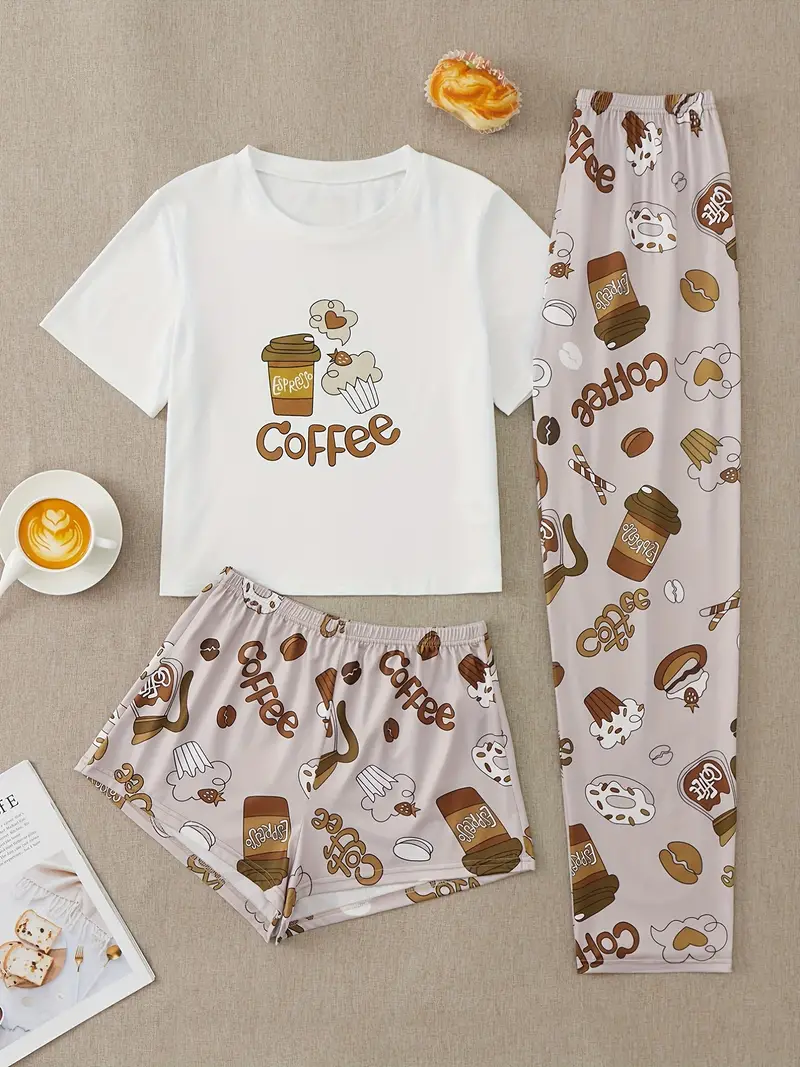 Plus Size Casual Pajamas Set, Women's Plus Cute Letter Print Short Sleeve  Tee & Cartoon Coffee Print Shorts & Pants, Breathable Pajama Three Piece Set