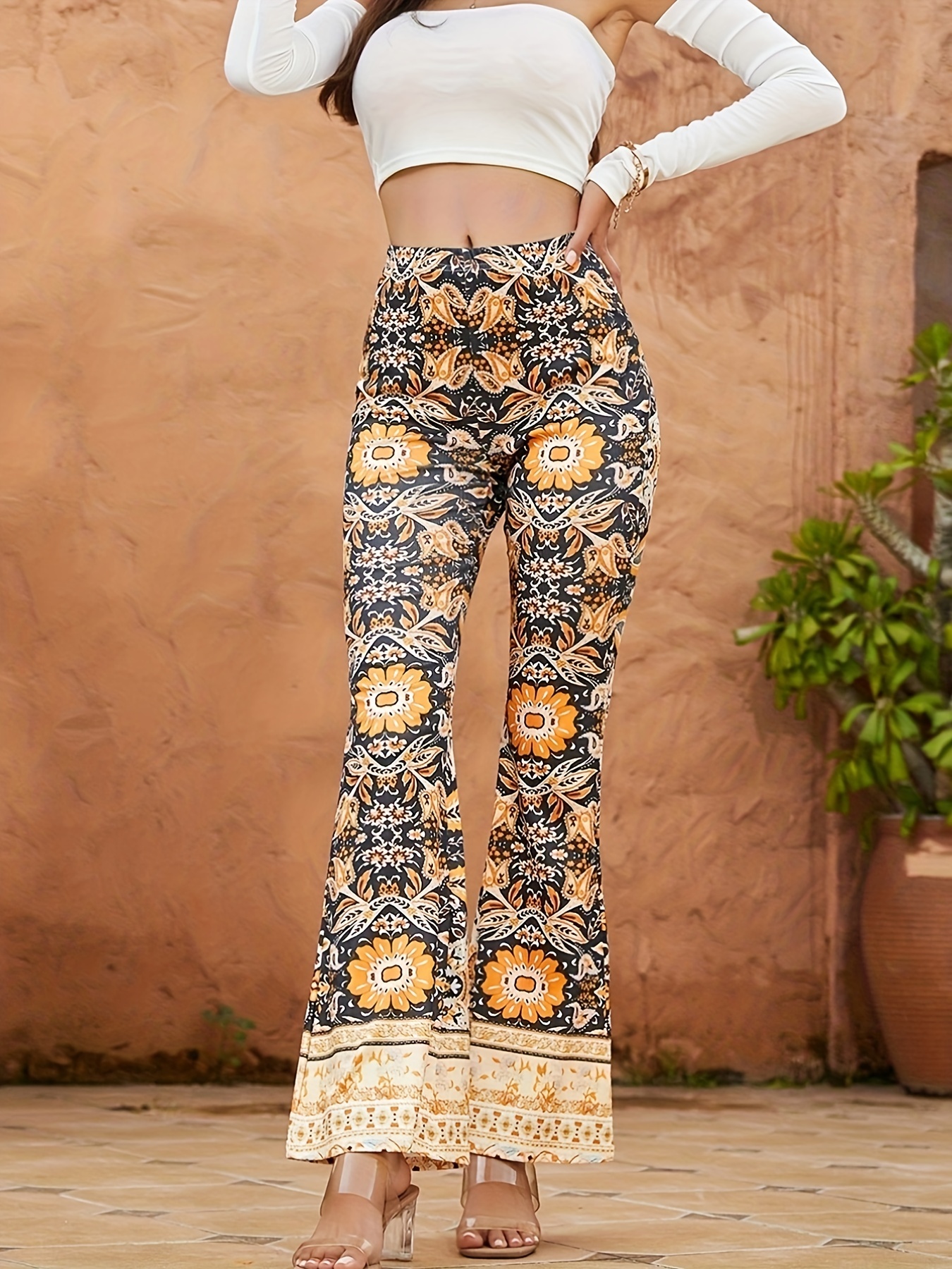 Plus Size Floral Print Flare Leg Pants Casual Slim High - Temu