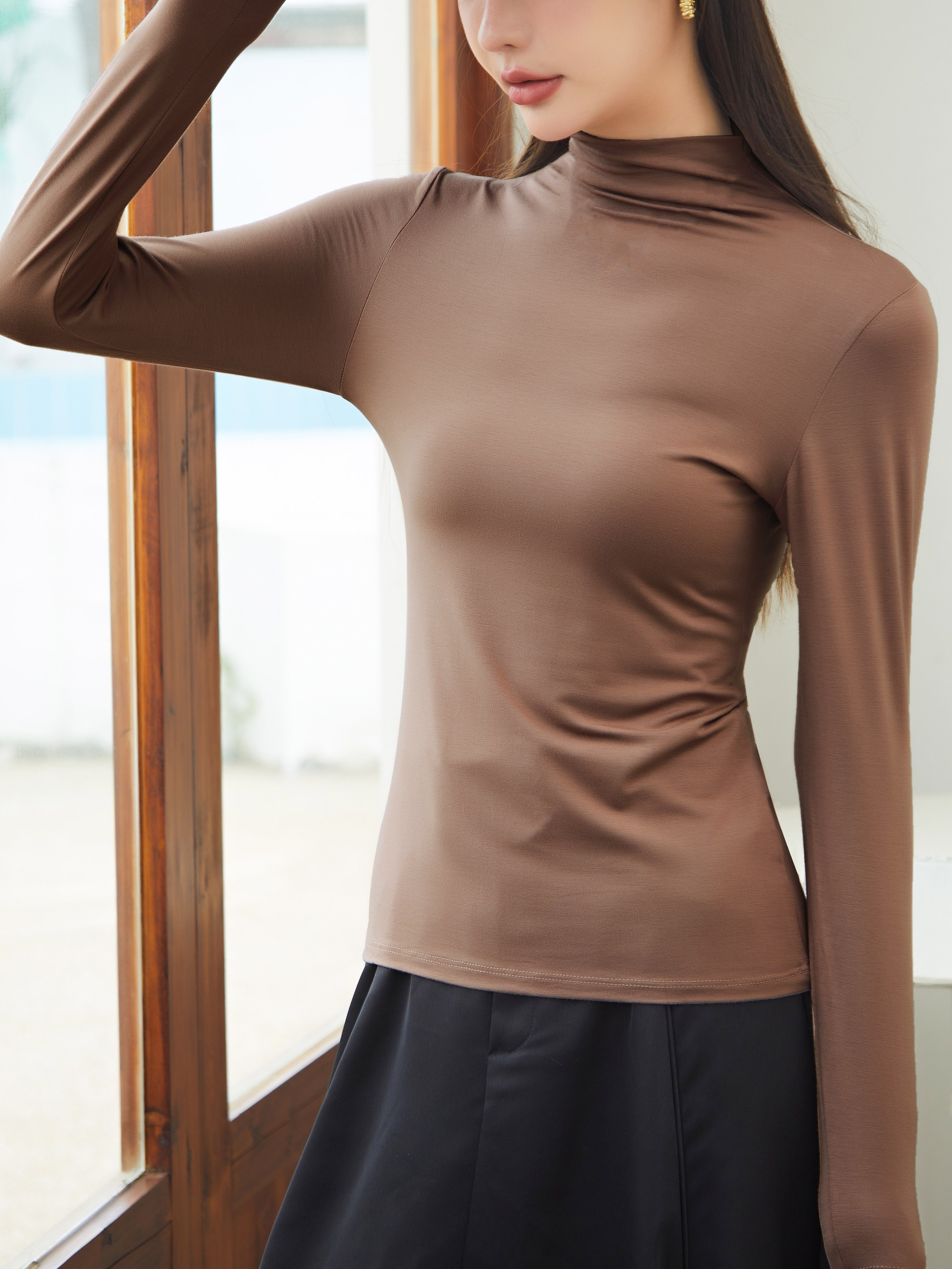 Mock Neck Lounge Tops Long Sleeve Slim Top Women's - Temu