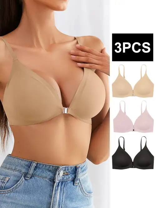 3pcs Seamless Solid Wireless Bras, Comfy & Breathable Front Buckle Push Up  Bra, Women's Lingerie & Underwear