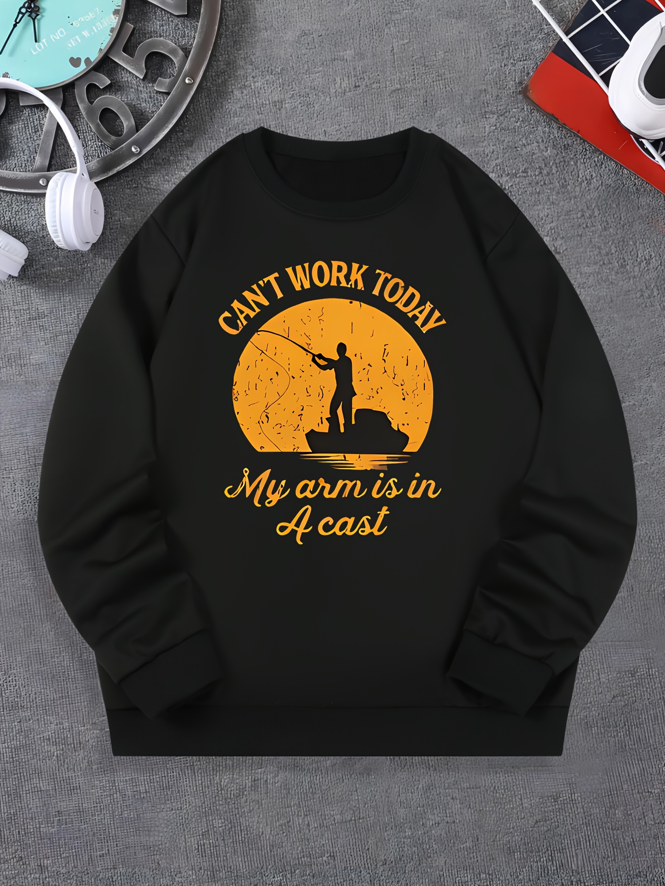 Retro Fishing Print Trendy Sweatshirt Men's Casual Graphic - Temu Canada