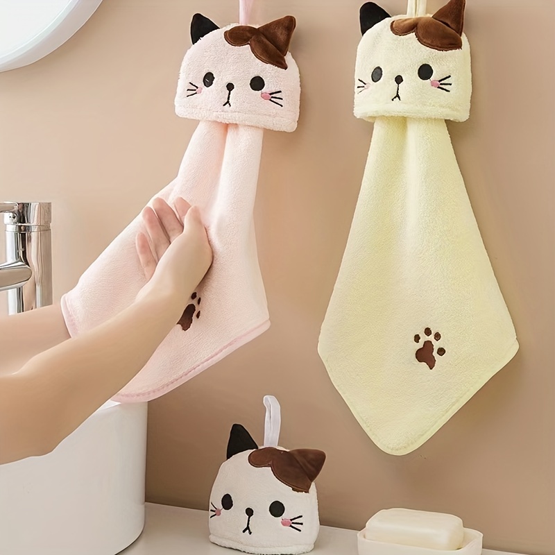 

1pc Cute Cartoon Cat Hand Towel - Soft Coral Fleece Pocket Towel For Bathroom And Kitchen - Absorbent And Dual-use Wipe Towel, Tea Towel, Bathroom Accessories