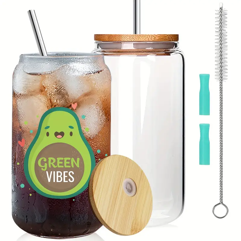 Glass Cups With Bamboo Lids And Glass Straw, Beer Can Shaped