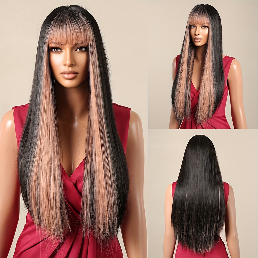 Black Wigs Colored Highlights Women Long Straight Wig Bangs Temu