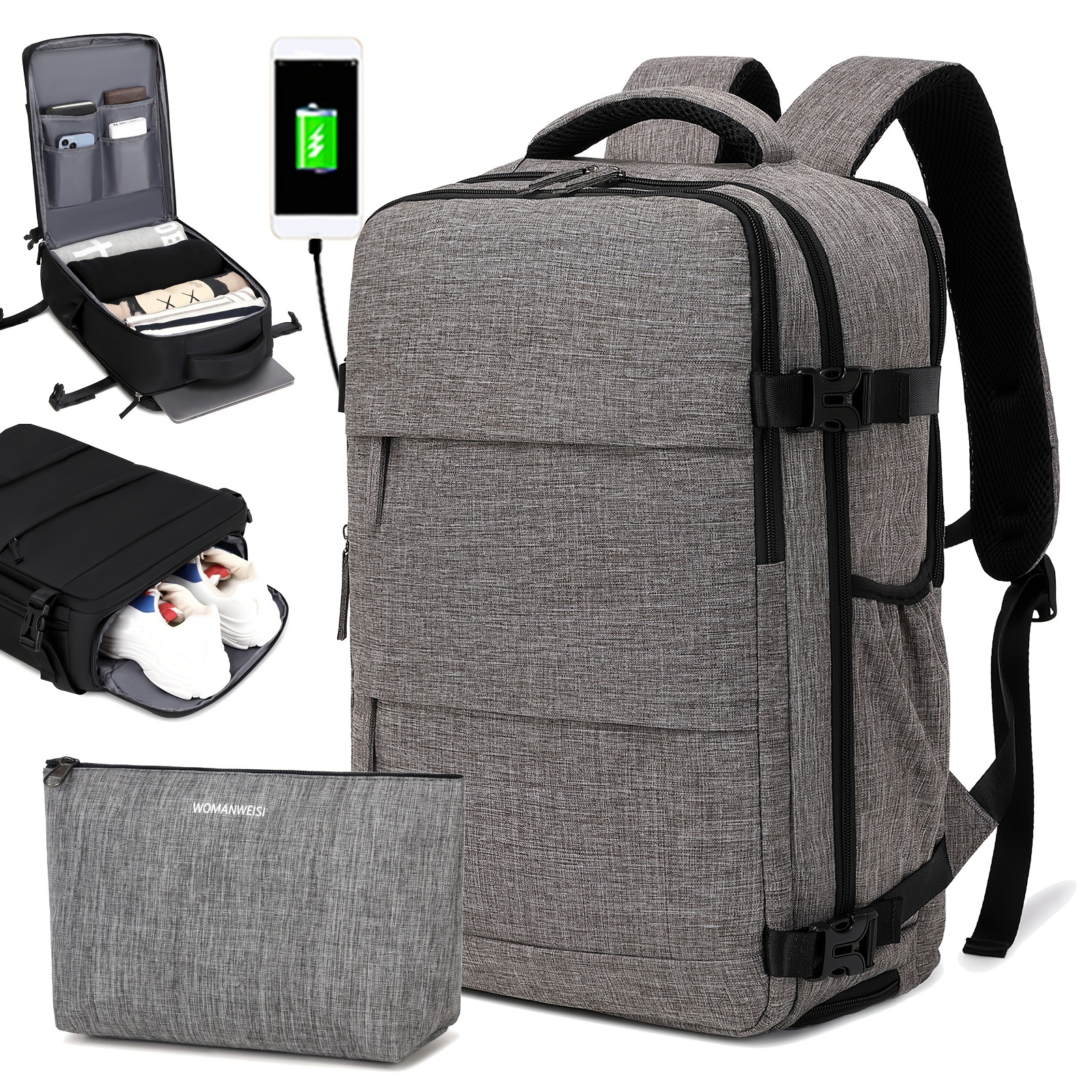 Mochila de viaje multifuncional de gran capacidad, mochila resistente al agua para computadora portátil de color liso, con puerto de carga USB, mochila ideal para viajes, negocios y desplazamientos