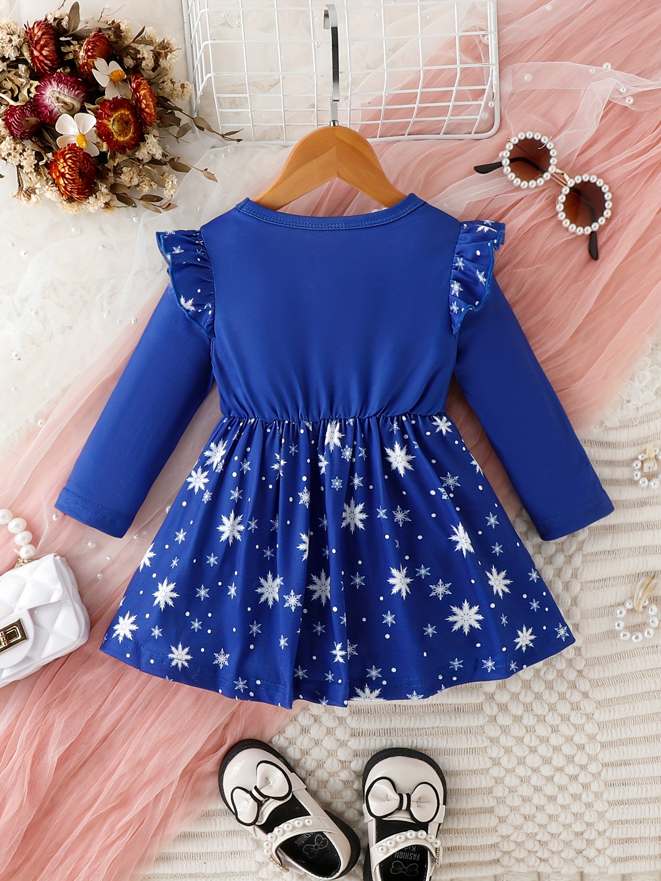 Kid Girl Snowflake Glitter Print Mesh Splice Long-sleeve Dress