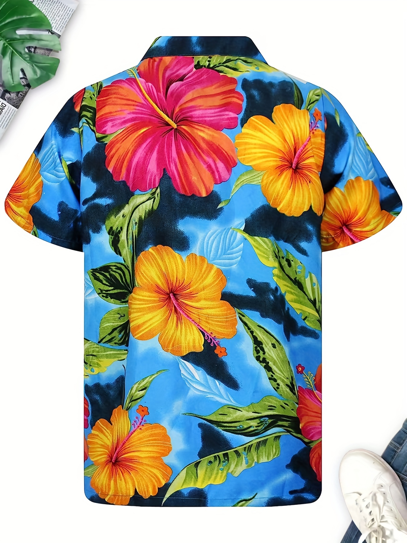 Plus Size Men's Vibrant Flowers Print Hawaiian Shirt For Casual Outfit,  Comfy Short Sleeve Button Collared T-shirt, Oversized Loose Tops For Beach  Summer - Temu