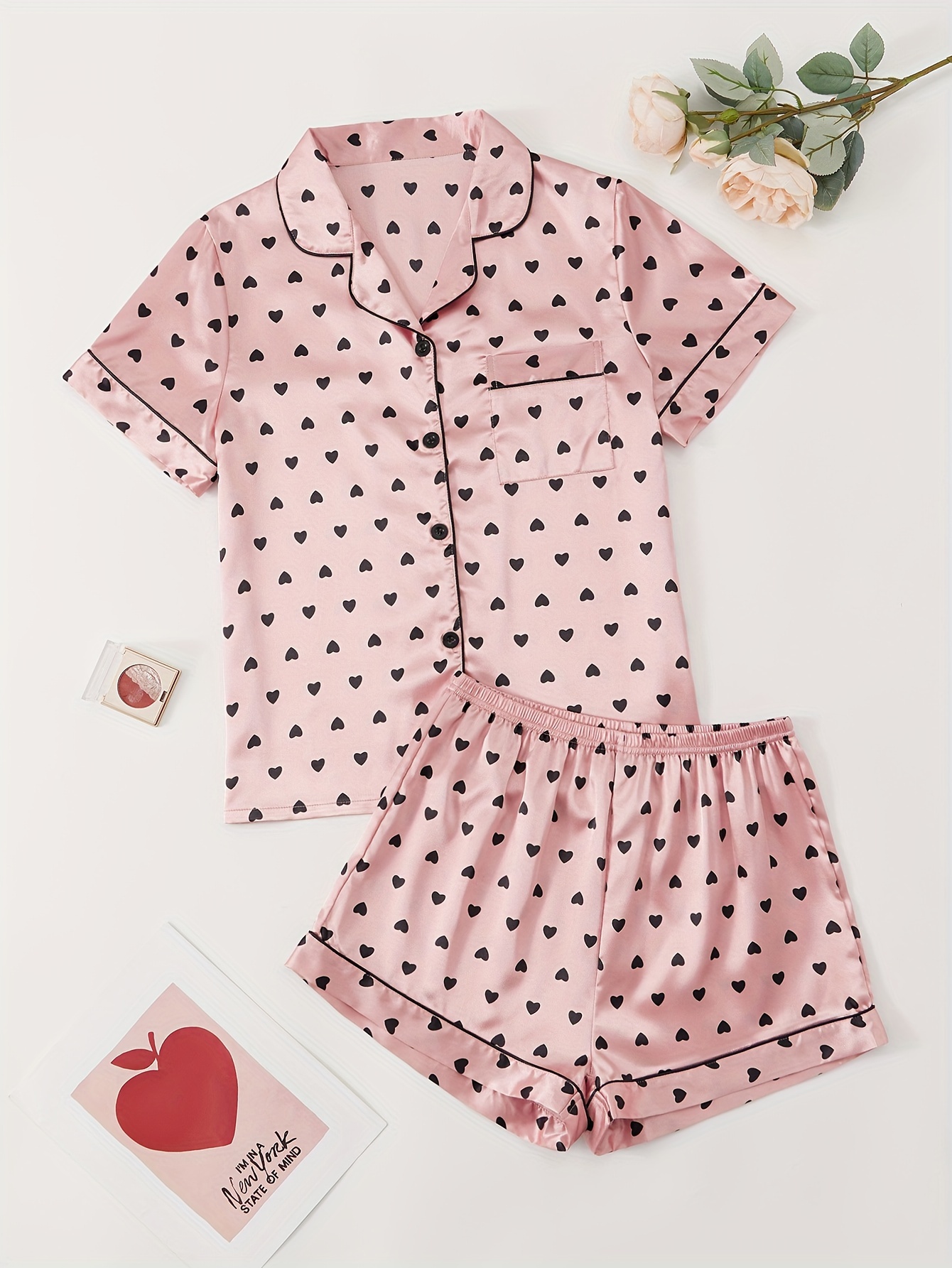 Heart Print Pajama Set Short Sleeve Button Top Lounge Pants - Temu