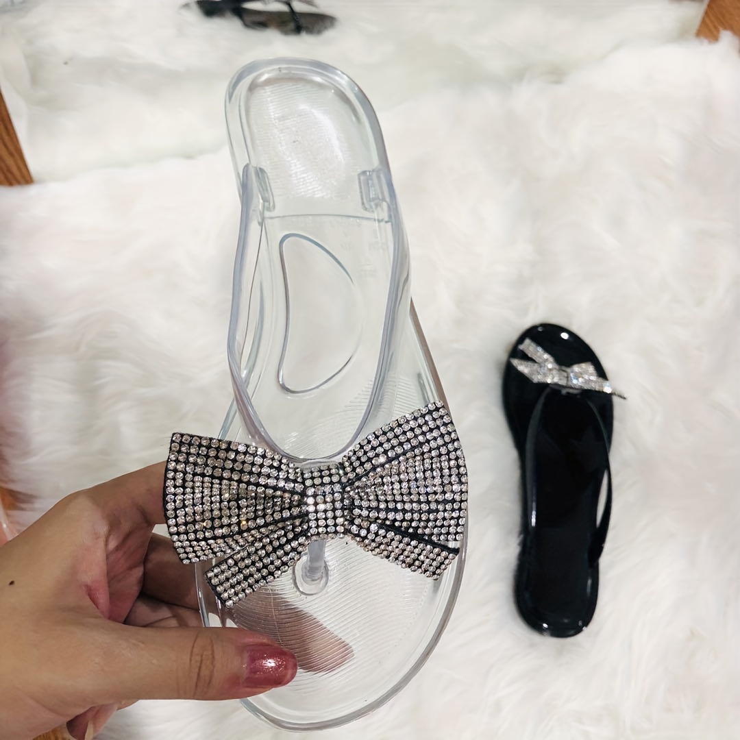 Shoe Land SUMMER-Women Rhinestone Bowtie Flip Flops Jelly Thong Sandals  (White/Silver)