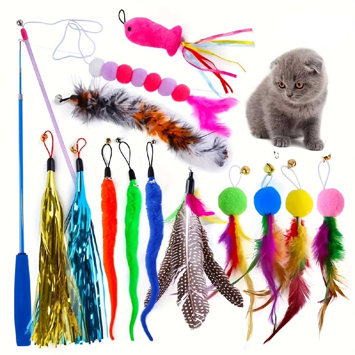 ESTINK 7 Pcs Cat Stick Toy Set Retractable With Feather Fishing Pole Bells  Cat Wand Toy Set For Indoor Kittens,Cat Wand Toy Set With Feathers,Fishing