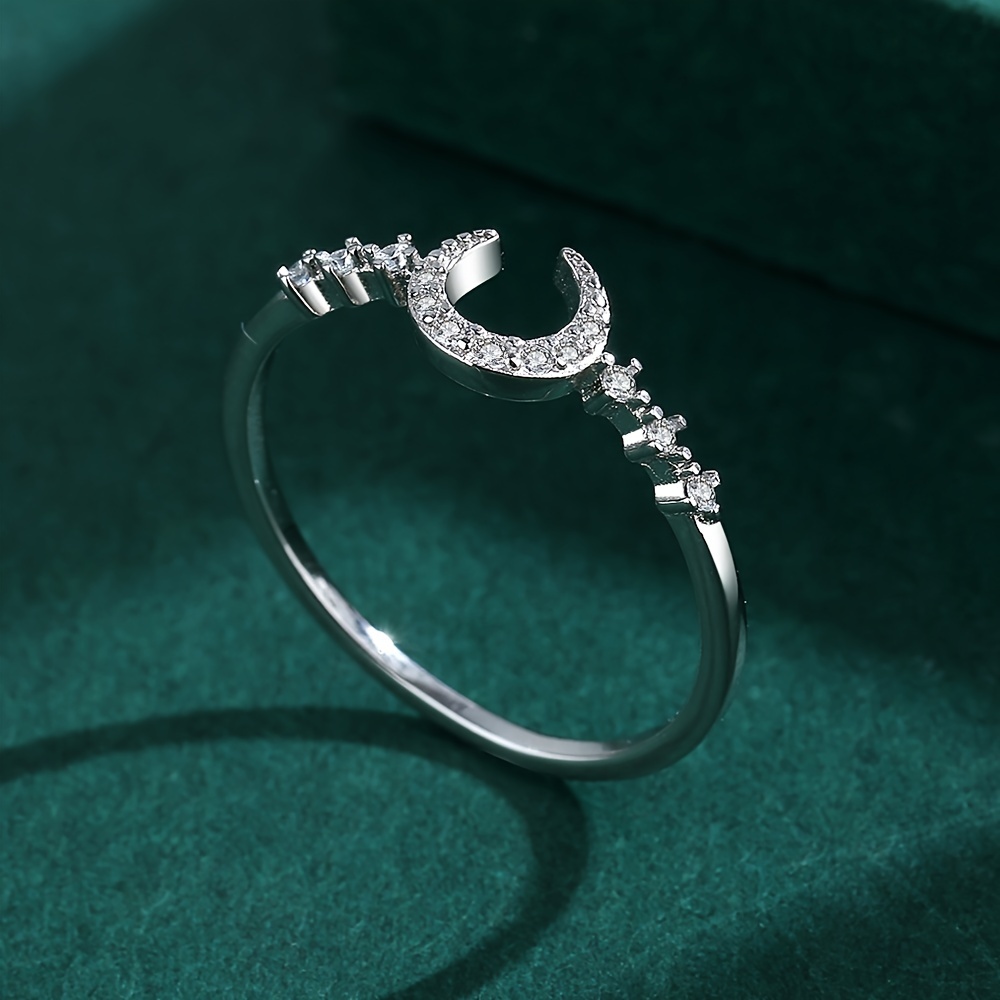 Crescent Moon Ring Inlaid Zircon, 925 Sterling Silver