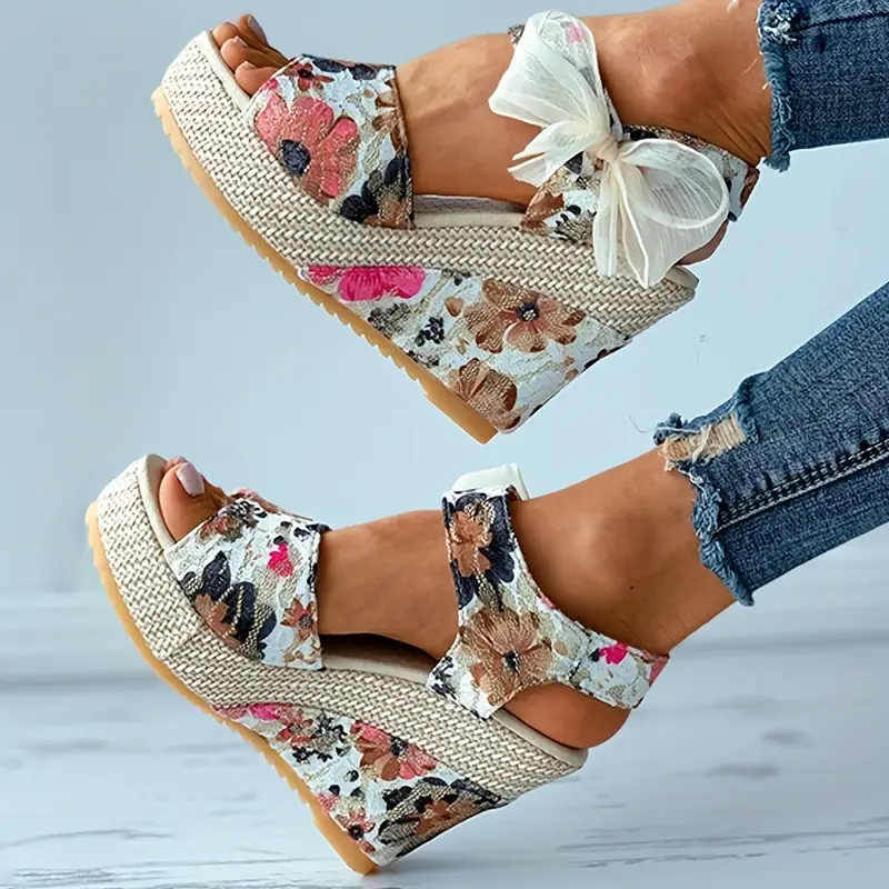 womens floral print wedge sandals peep toe bowknot strap platform shoes casual hoho beach shoes details 3