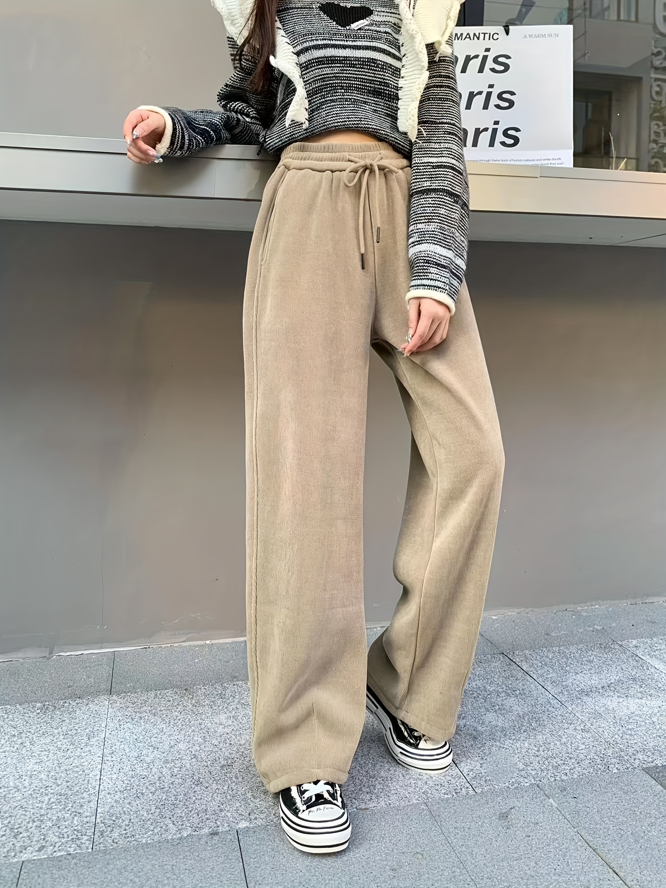Solid Loose Straight Leg Pants, Casual Drawstring High Waist Pants For Fall  & Winter, Women's Clothing