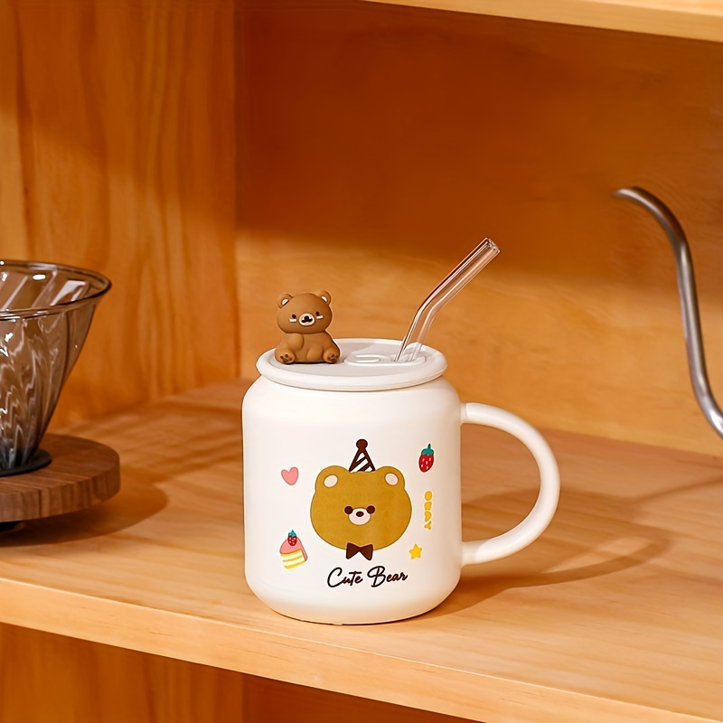 Bear Coffee Mug With Lid And Straw Ceramic Coffee Cups Cute - Temu