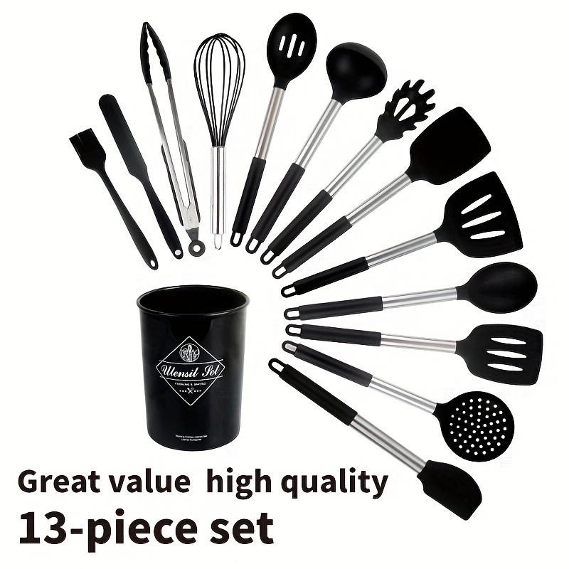 Umite Chef Kitchen Cooking Utensils Set, 24 pcs Non-stick Silicone Cooking  Kitchen Utensils Spatula Set with Holder, Wooden Handle Heat Resistant Silicone  Kitchen Gadgets Utensil Set (Black Gray) 