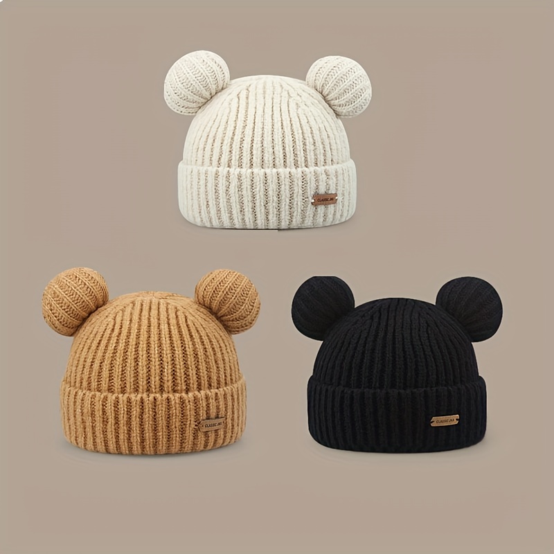 

Trendy Knitted Beanie With Ears Cute Solid Color Thick Knit Hats Winter Warm Cuffed Elastic Skull Beanies For Women